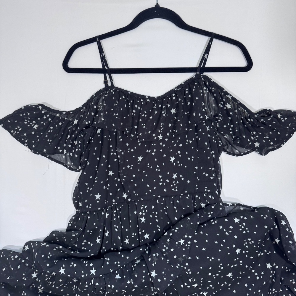 Cold Shoulder Maxi Dress Star Print Ruffle Tiered Black White Women L Whimsigoth - Picture 3 of 8
